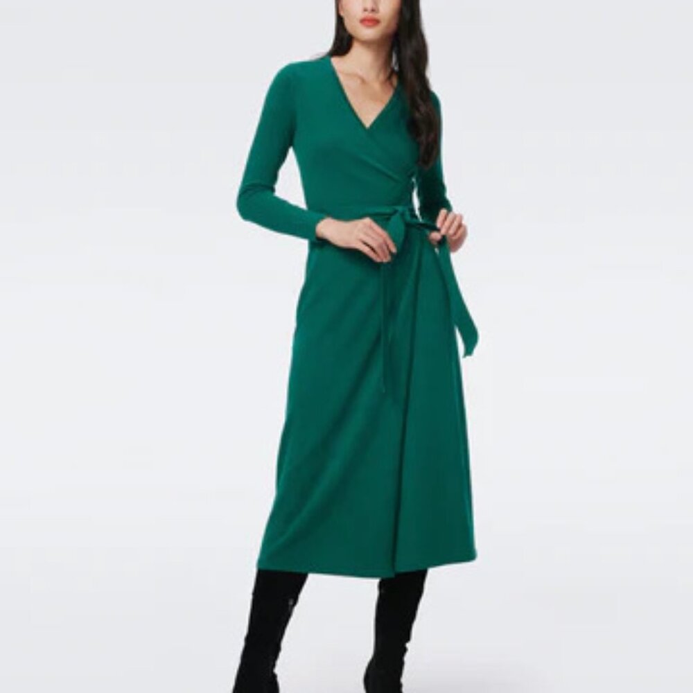 Women's Diane von Furstenberg Green Midi Wool Cashmere Wrap Dress XL